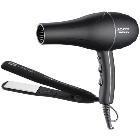 Silver Bullet White Heat Straightener 38mm & Hairdryer 2200w Combo